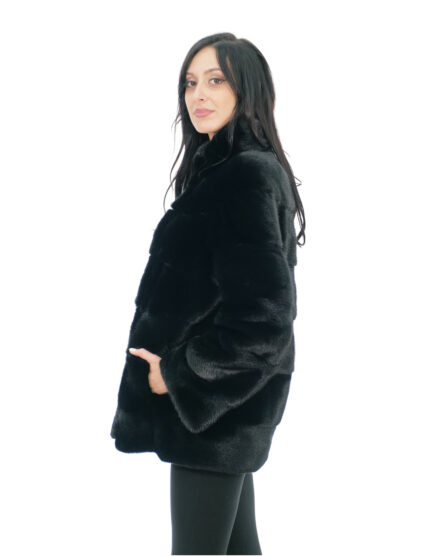 Cappotto pistagna pelliccia visone 70 centimetri 50 nero lucido manica lunga tasche esterne e tasca interna