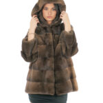 Cappotto cappuccio foderato pelliccia visone 70 centimetri 46 demi buff manica lunga tasche esterne e tasca interna