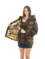 Cappotto cappuccio foderato pelliccia visone 70 centimetri 46 demi buff manica lunga tasche esterne e tasca interna
