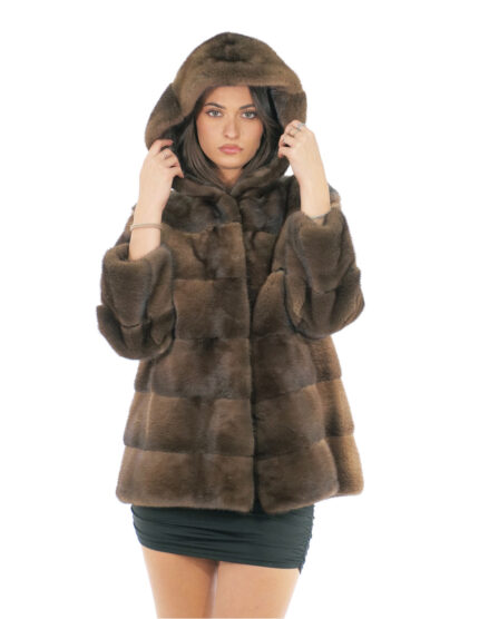 Cappotto cappuccio foderato pelliccia visone 70 centimetri 54 demi buff manica lunga tasche esterne e tasca interna