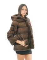 Cappotto cappuccio foderato pelliccia visone 70 centimetri 54 demi buff manica lunga tasche esterne e tasca interna