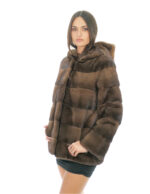 Cappotto cappuccio foderato pelliccia visone 70 centimetri 54 demi buff manica lunga tasche esterne e tasca interna