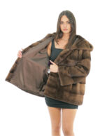 Cappotto cappuccio foderato pelliccia visone 70 centimetri 54 demi buff manica lunga tasche esterne e tasca interna