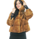 Giacca pelliccia visone pelle intera orizzontale gold 52 cappuccio manica tre quarti tasche esterne e tasca interna
