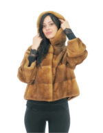 Giacca pelliccia visone pelle intera orizzontale gold 52 cappuccio manica tre quarti tasche esterne e tasca interna