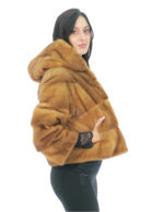 Giacca pelliccia visone pelle intera orizzontale gold 52 cappuccio manica tre quarti tasche esterne e tasca interna