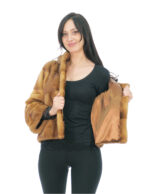 Giacca pelliccia visone pelle intera orizzontale gold 52 cappuccio manica tre quarti tasche esterne e tasca interna