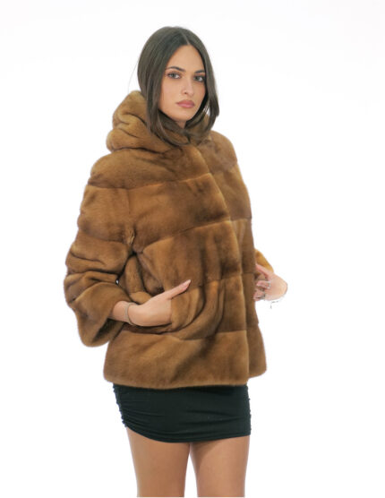 Giacca pelliccia visone gold 50 pelle intera orizzontale cappuccio manica tre quarti tasche esterne e tasca interna