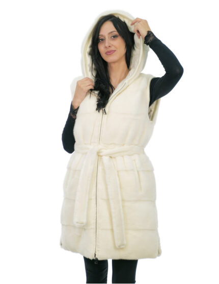 Gilet reversibile bianco panna 46 pelliccia visone e lana chiusura zip spacchi laterali con zip giromanica in lana cappuccio