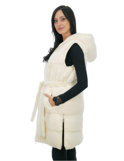 Gilet reversibile bianco panna 46 pelliccia visone e lana chiusura zip spacchi laterali con zip cappuccio