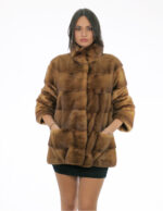 Cappotto pistagna pelliccia visone 70 centimetri 50 gold oro manica lunga tasche esterne e tasca interna