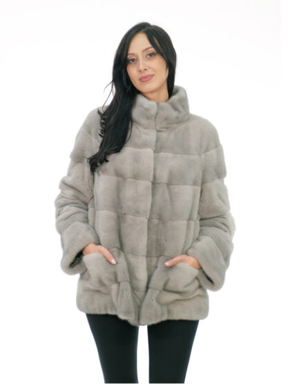 Cappotto pistagna pelliccia visone 70 centimetri 50 zaffiro grigio manica lunga tasche esterne e tasca interna