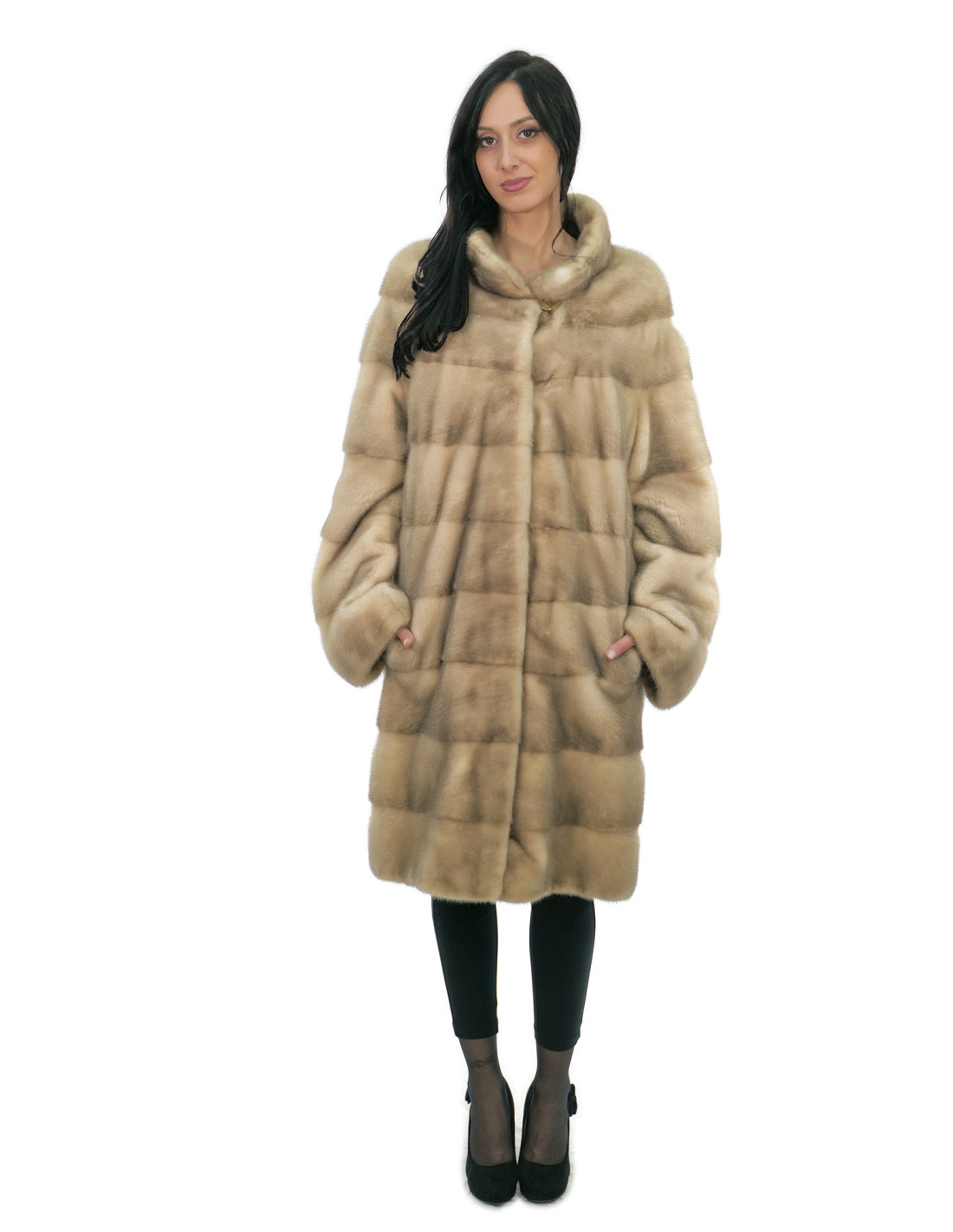 Mantel 100cm Nerzfell 48 beige Farbverlauf schwarz langärmelig Pistagna Kragen dekorativer Halsknopf – Bild 4