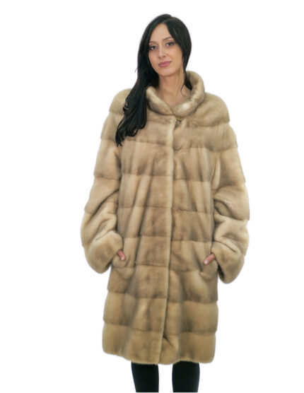 Cappotto 100 centimetri pelliccia visone 48 beige sfumato nero manica lunga collo pistagna bottone al collo decorativo