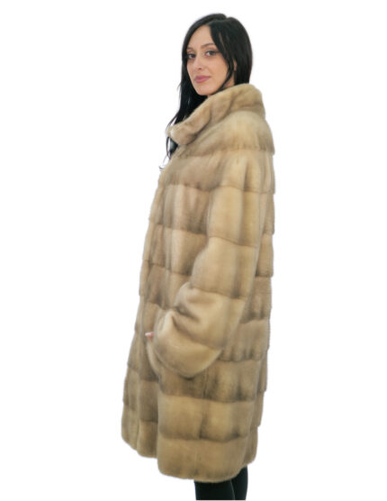 Cappotto 100 centimetri pelliccia visone 48 beige sfumato nero manica lunga collo pistagna bottone al collo decorativo