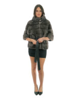 Giacchino pelliccia visone blue iris 46 grigio con mezza manica cintura pelle interna vita collo pistagna con bottone