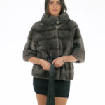 Giacchino pelliccia visone blue iris 46 grigio con mezza manica cintura pelle interna vita collo pistagna con bottone