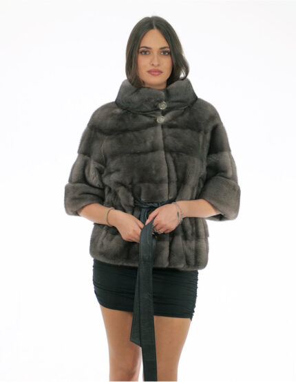 Giacchino pelliccia visone blue iris 46 grigio con mezza manica cintura pelle interna vita collo pistagna con bottone