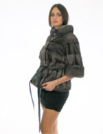 Giacchino pelliccia visone blue iris 46 grigio con mezza manica cintura pelle interna vita collo pistagna con bottone