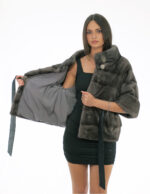 Giacchino pelliccia visone blue iris 46 grigio con mezza manica cintura pelle interna vita collo pistagna con bottone