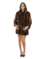 Pelliccia marrone sfumata a righe nere 44 visone demi marrone pelle intera manica lunga colletto italiano con bottone