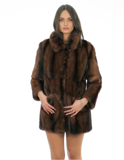 Pelliccia marrone sfumata a righe nere 44 visone demi marrone pelle intera manica lunga colletto italiano con bottone
