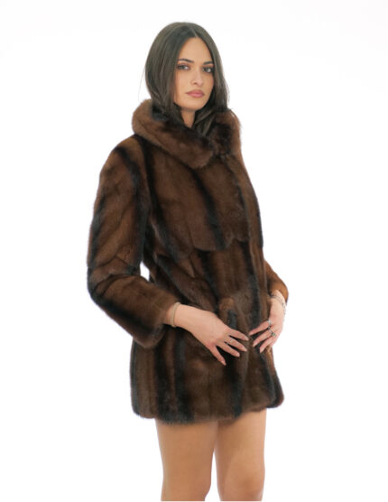 Pelliccia marrone sfumata a righe nere 44 visone demi marrone pelle intera manica lunga colletto italiano con bottone