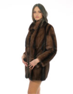 Pelliccia marrone sfumata a righe nere 44 visone demi marrone pelle intera manica lunga colletto italiano con bottone
