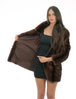Pelliccia marrone sfumata a righe nere 44 visone demi marrone pelle intera manica lunga colletto italiano con bottone