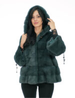 Bistro green mink fur size 46 three-quarter sleeve with drawstring hood