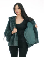 Bistro green mink fur size 46 three-quarter sleeve with drawstring hood - Image 6