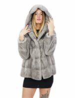 Pelliccia 60 cm di visone orizzontale zaffiro 48 coulisse interna manica lunga cappuccio chiusura ganci