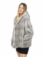 Pelliccia 60 cm di visone orizzontale zaffiro 50 coulisse interna manica lunga cappuccio chiusura ganci
