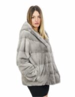Pelliccia 60 cm di visone orizzontale zaffiro 50 coulisse interna manica lunga cappuccio chiusura ganci