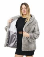 Pelliccia 60 cm di visone orizzontale zaffiro 50 coulisse interna manica lunga cappuccio chiusura ganci