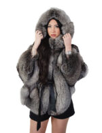 Silver 46-54 fox fur hooded cape with inside belt wide fit V-worked