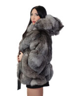 Silver 46-54 fox fur hooded cape with inside belt wide fit V-worked - Image 2