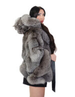 Silver 46-54 fox fur hooded cape with inside belt wide fit V-worked - Image 3