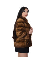 Visone pelliccia giacca orizzontale manica lunga 40 gold scuro collo pistagna tasche esterne - immagine 3