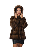 Horizontale demi buff Nerz Pelz Jacke braun 54 mit Kapuze mit Kordelzug lange Ärmel Kordelzug Taille