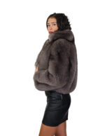 Dark sable gray fox fur jacket 42 leather full chest and lapel three-quarter sleeve clip hook closure - Image 2