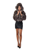 Giacca in pelliccia di volpe dark sable grigio 42 pelle orizzontale a V cappuccio manica tre quarti chiusura zip - immagine 4