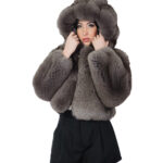 Giacca in pelliccia di volpe dark sable grigio 42 pelle intera cappuccio manica tre quarti chiusura zip
