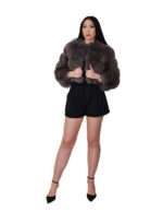 Giacca in pelliccia di volpe orizzontale chanel 42 grigio scuro dark sable manica tre quarti ganci bomber - immagine 4
