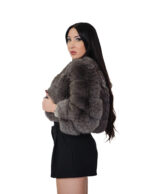 Giacca in pelliccia di volpe orizzontale chanel 42 grigio scuro dark sable manica tre quarti ganci bomber - immagine 2