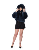 Giacca in pelliccia di volpe blu bomber 42 pelle intera cappuccio manica tre quarti chiusura zip - immagine 4