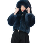 Giacca in pelliccia di volpe blu bomber 42 pelle intera cappuccio manica tre quarti chiusura zip