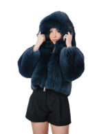 Giacca in pelliccia di volpe blu bomber 42 pelle intera cappuccio manica tre quarti chiusura zip