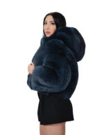 Giacca in pelliccia di volpe blu bomber 42 pelle intera cappuccio manica tre quarti chiusura zip - immagine 2