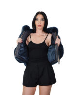 Giacca in pelliccia di volpe blu bomber 42 pelle intera cappuccio manica tre quarti chiusura zip - immagine 6